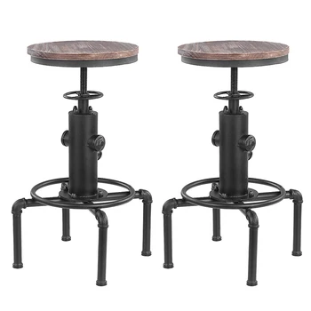 

iKayaa Metal Industrial Bar Stool Height Adjustable Swivel Pinewood Top Kitchen Dining Chair Pipe Style Barstool W/ Footrest