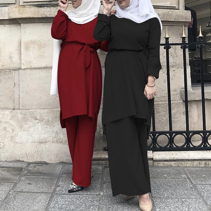 Abaya Дубай мусульманский Топ ансамбль Femme Musulmane 2 шт. Pantalon Оман Пакистан турецкая исламская одежда женский хиджаб платье комплект