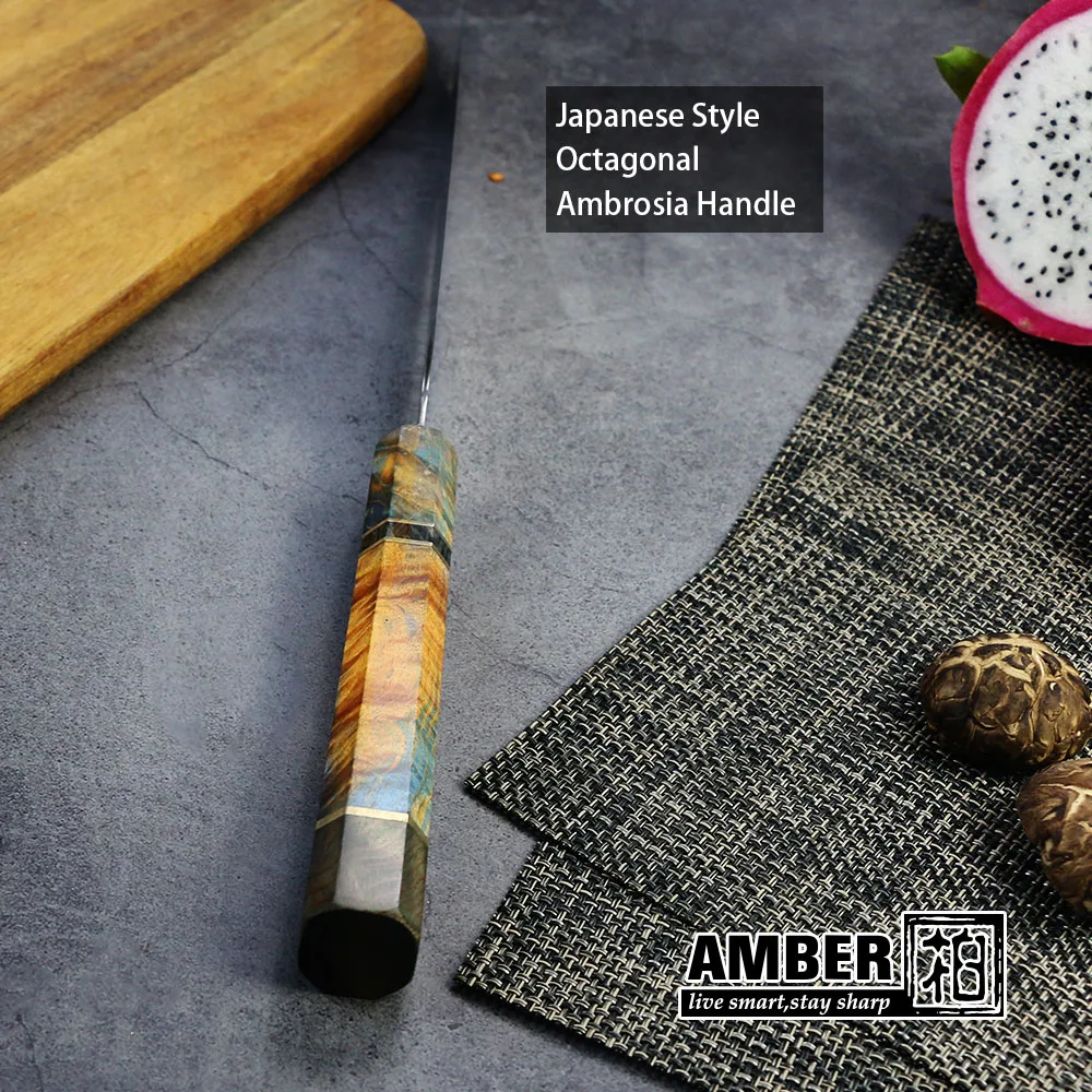 AMBER Chef's Nakiri Knife 67 Layers Japanese Damascus Steel Damascus Chef Knife 8 Inch Damascus Kitchen Knife Solidified Wood HD