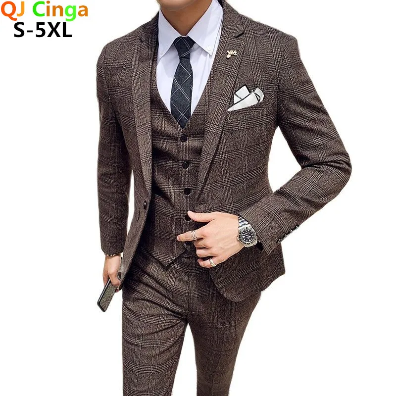 ( Jacket + Pants ) Boutique Fashion Mens Plaid Casual Business Suit High-end Social Formal Suit 2 Pcs Set Groom Wedding 5xl