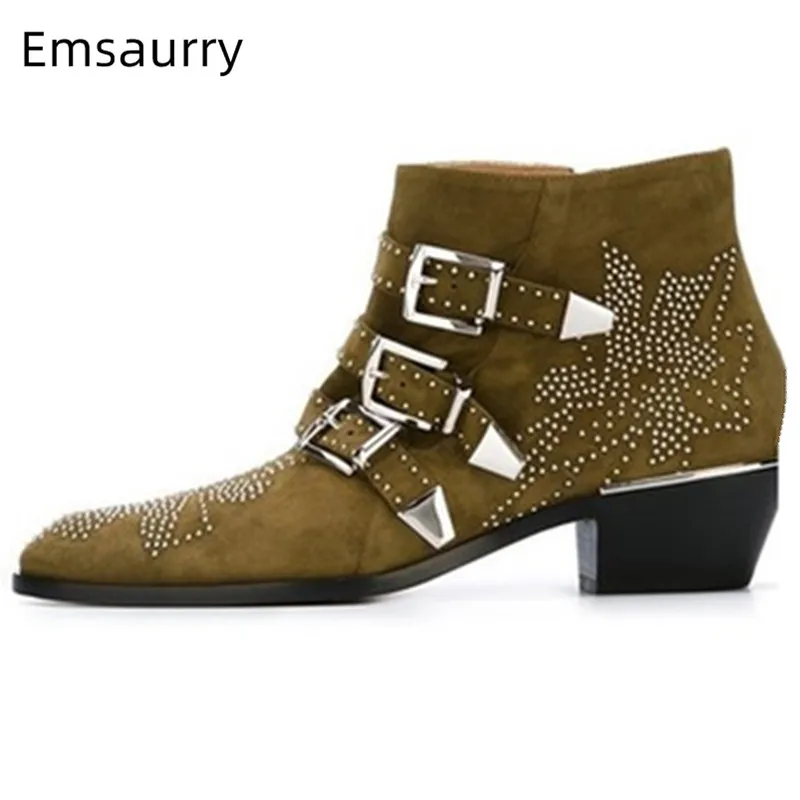

Punk Motorcycle Boots Women Belt Bucke Decor Metal Rivets Botines Point Toe Side Zip Bottes Chunky Med Heel Hot Sell Ankle Boots