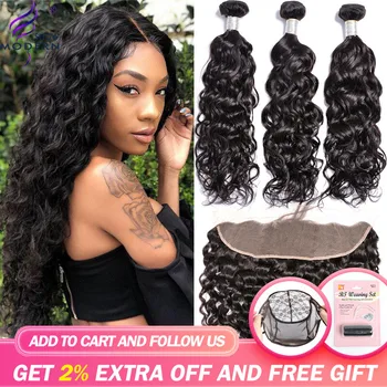 

Modern Show Malaysian Water Wave Bundles With Frontal Closure 3 Bundles Human Hair Extensions Remy Lace Frontal with Bundles