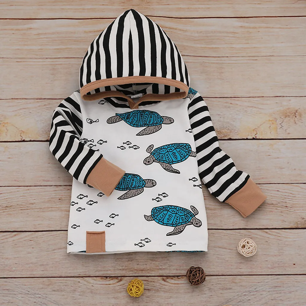 Детский костюм; сезон осень-зима; футболка с капюшоном для новорожденных девочек и мальчиков; штаны в полоску с рисунком; комплект одежды; одежда для маленьких мальчиков
