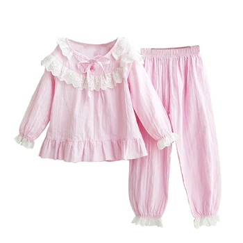 

Mudkingdom Little Girls Vertical Stripe Lace Pyjamas Set Lace Cuffs Sleepwear