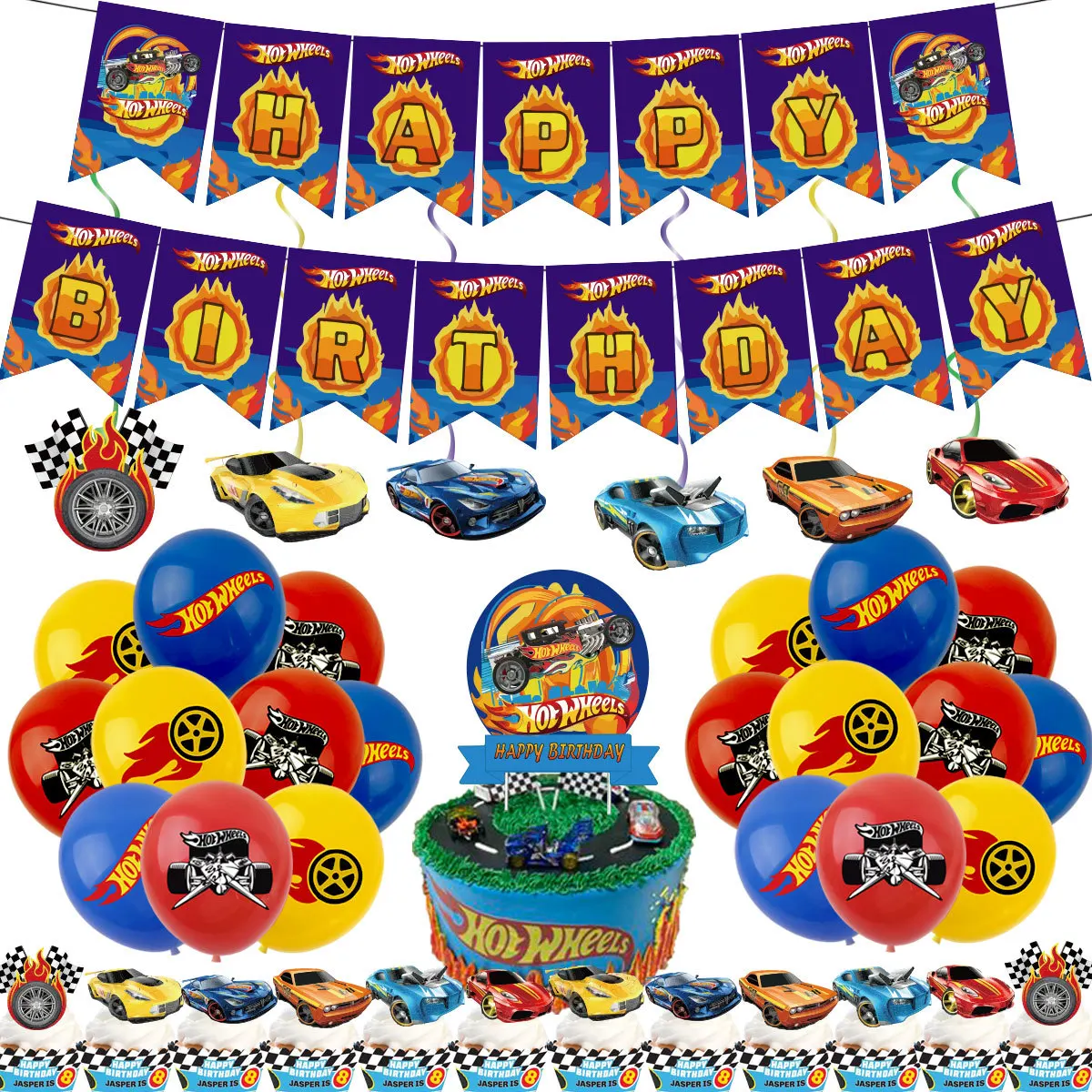 Hot Wheels Party Supplies Racing Car Balloons Decoration Happy Birthday Banner Flame Checkered Race Cake Topper Pendulums Ballon | Дом и сад
