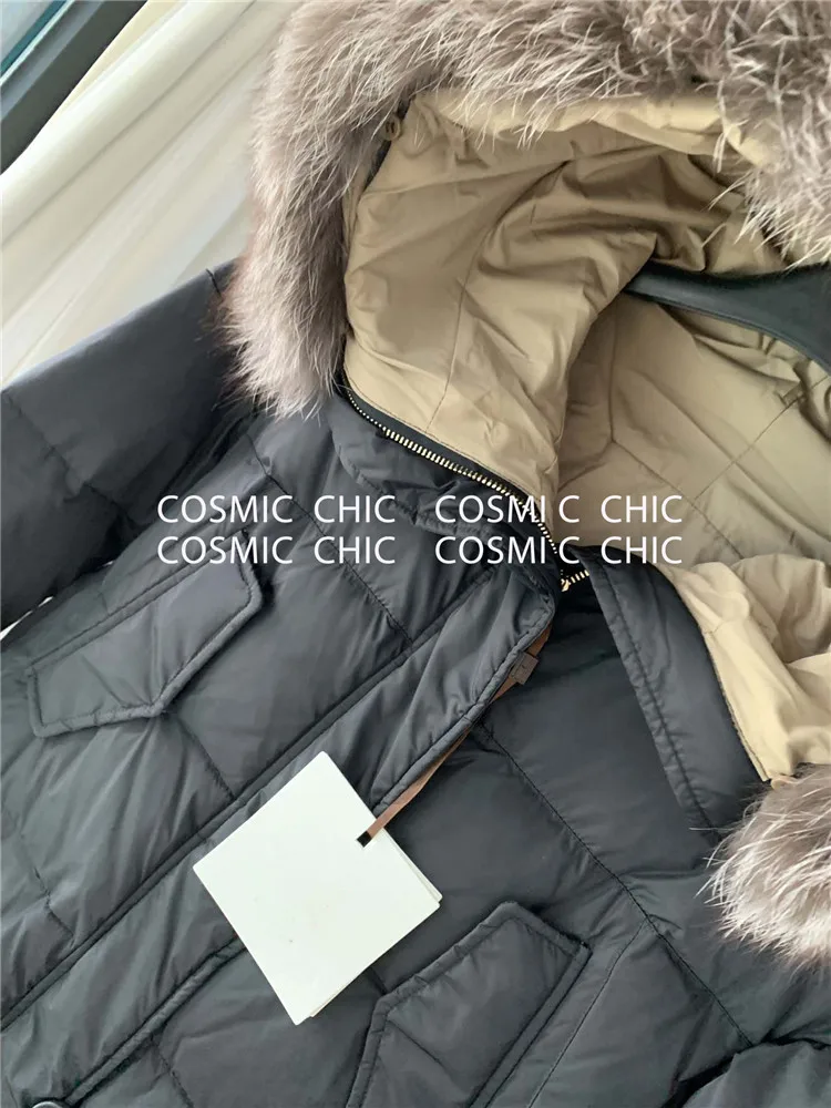 Cosmicchic,, для отдыха, длинный, однотонный, теплый, женский, зимний пуховик, Воротник из лисьего меха, с капюшоном, однобортное пальто