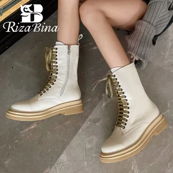 

RIZABINA Real Leather Women Mid Calf Boots Cross Strap Round Toe Zip Shoes Winter Warm Boots Women Fashion Footwear Size 34-41