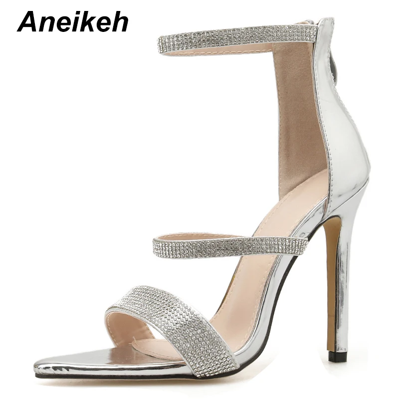 Aneikeh/Новейшая пикантная обувь; женские сандалии-гладиаторы на тонком каблуке со стразами; босоножки на высоком каблуке с пряжкой; модельные туфли с закрытой пяткой; Размеры 35-42