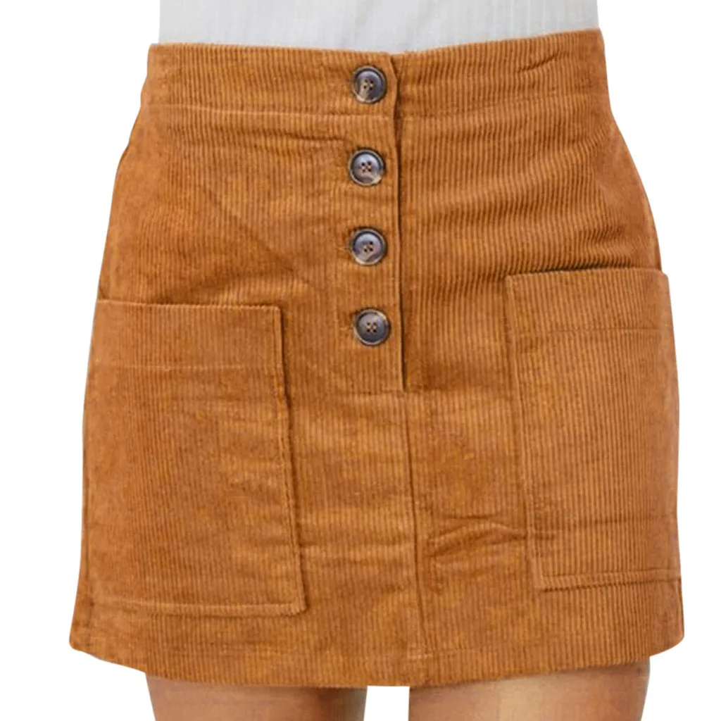 Skirt Women's Skirt Fashion Corduroy Waist High Button Casual Short Skirt Polyester Womens Skirts Summer Fashion 2020