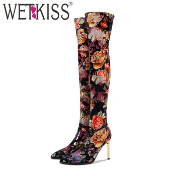 

WETKISS Stiletto Heel Boots Women Print Boot Pointed Toe Party Thigh High Shoes Female Stretch Flock Ethnic Shoes Ladies Winter