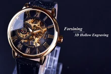  Forsining 3d Logo Design Hollow Engraving Black Golden Case Leather Skeleton Mechanical Watches Men Luxury Brand Heren Horloge 
