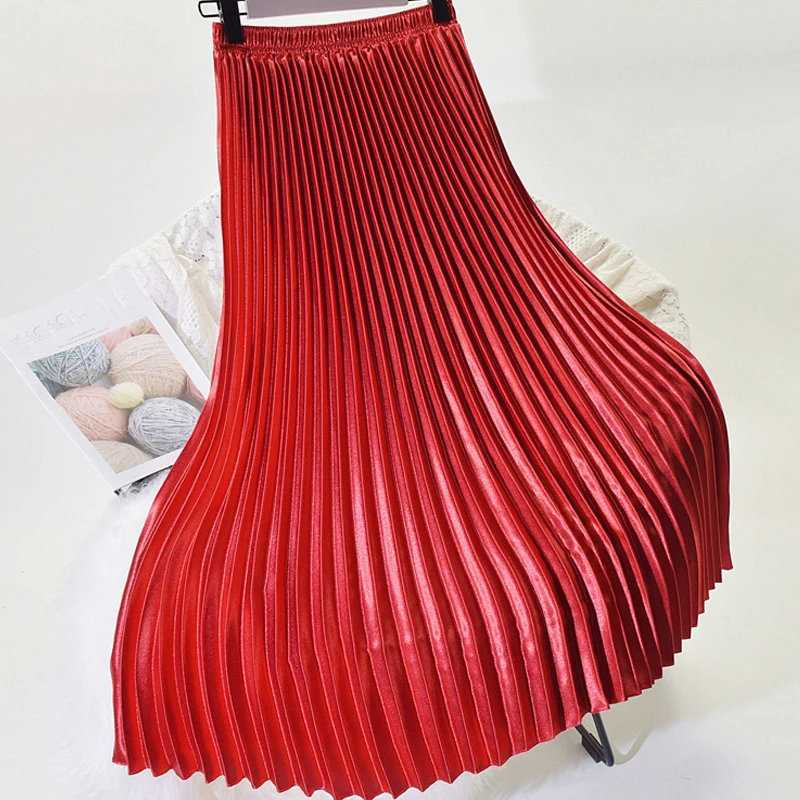 Модные женские винтажные юбки с высокой талией, длинные женские плиссированные юбки, красные, серые, золотые,, осенне-зимние длинные юбки jupe femme