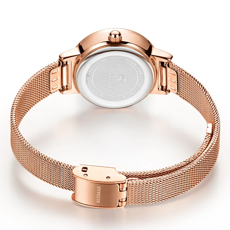 Montre Femme Ruimas женские часы золотые кварцевые из нержавеющей стали с сетчатым