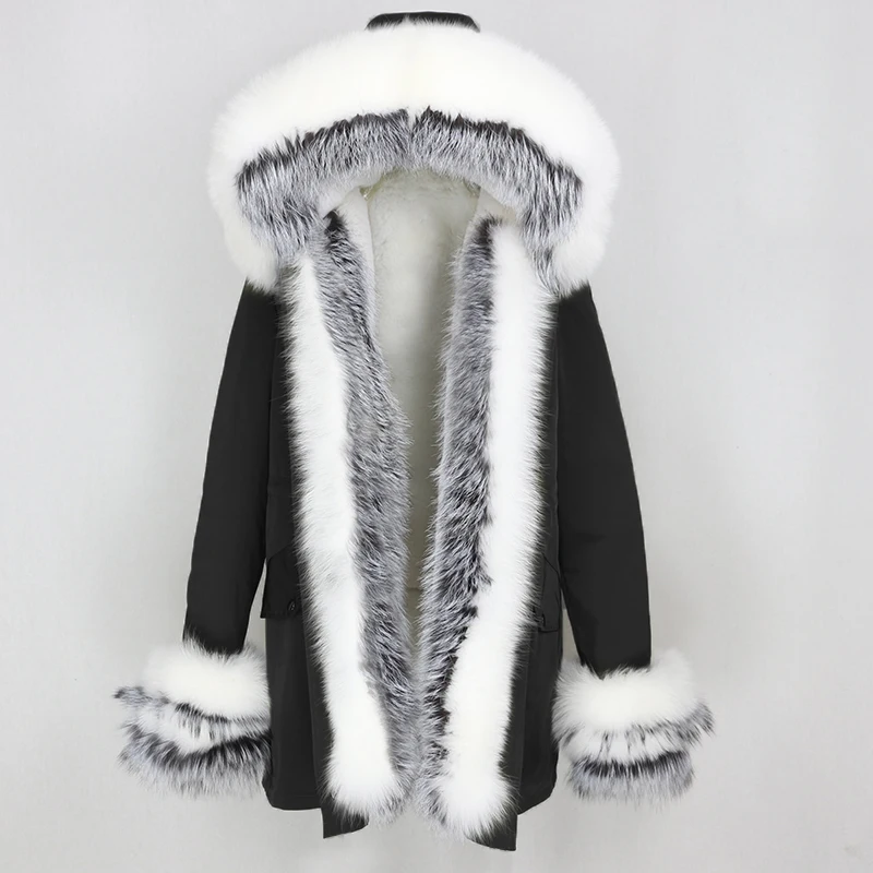 black silver OFTBUY, зимняя женская куртка, пальто из натурального меха, толстая, теплая, натуральный Лисий мех, воротник, капюшон, парка, верхняя одежда, подкладка из искусственного меха, уличная одежда, новинка - Цвет: black silver
