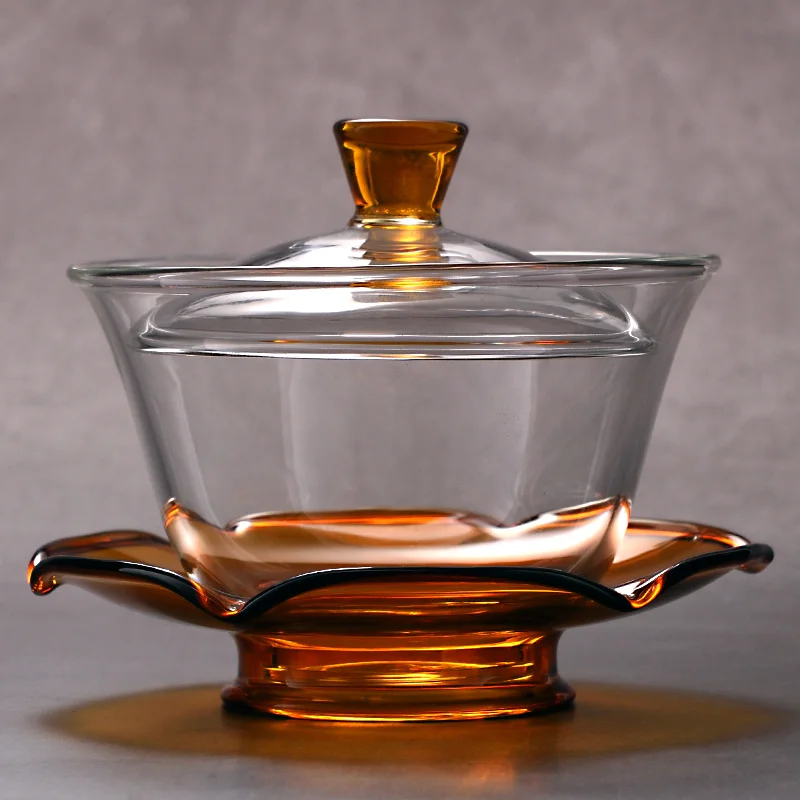 Glass Tea Cup and Tea Lid Set Transparent Gaiwan Chinese Teaset Sancai Bowl Single Thick Heat-Resistant Cover