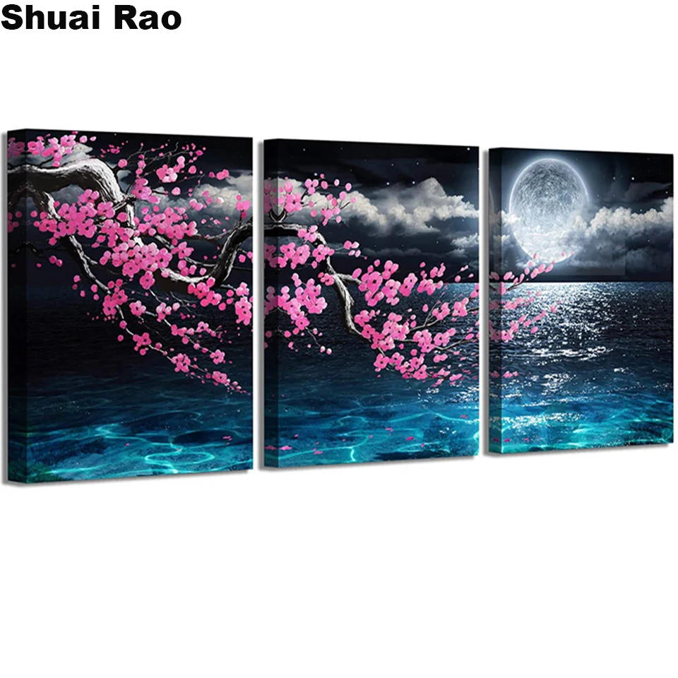 

Plum Blossom Moon Seascape sale diamond painting Cross Stitch mosaic 3 Piece full Round Diamond Embroidery Home Decor ,