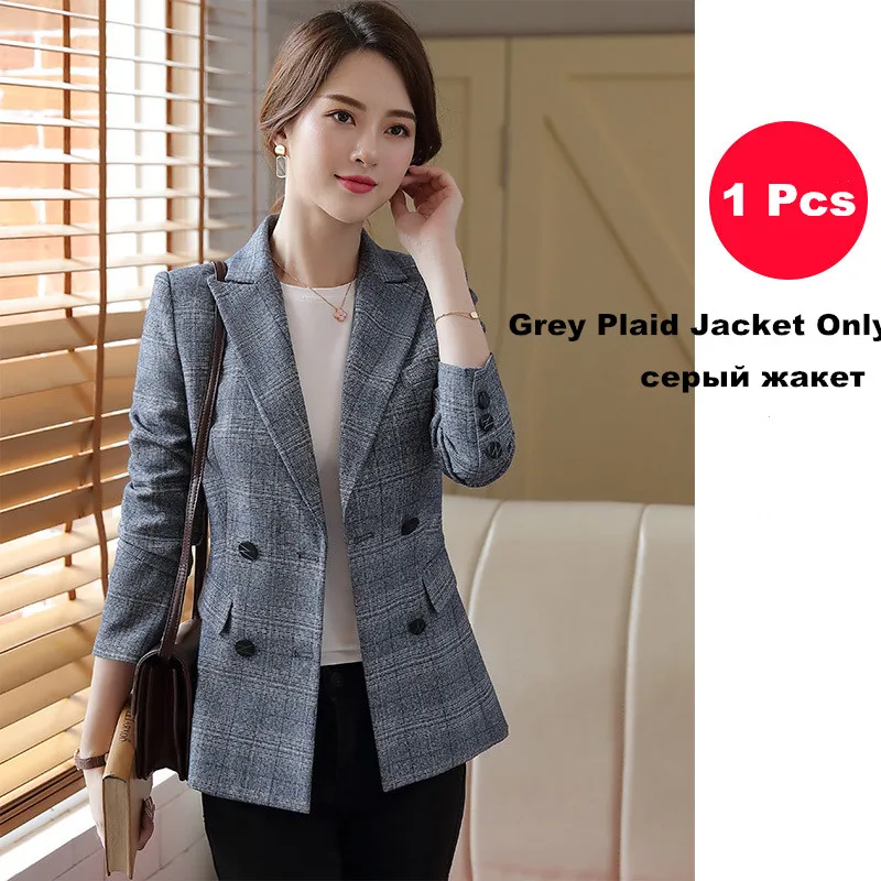 Клетчатый брючный костюм больших размеров, элегантный комплект брюк для офиса, женский стиль, клетчатая куртка, брюки, деловой женский костюм, Femme 80325 - Цвет: grey plaid
