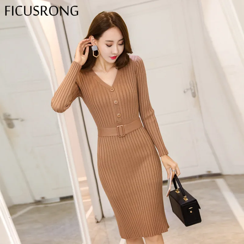 Elegant Sashes Knitted Dress Women Knee Length Bodycon Dresses Spring Slim V-Neck Single-breasted Autumn Winter FICUSRONG |