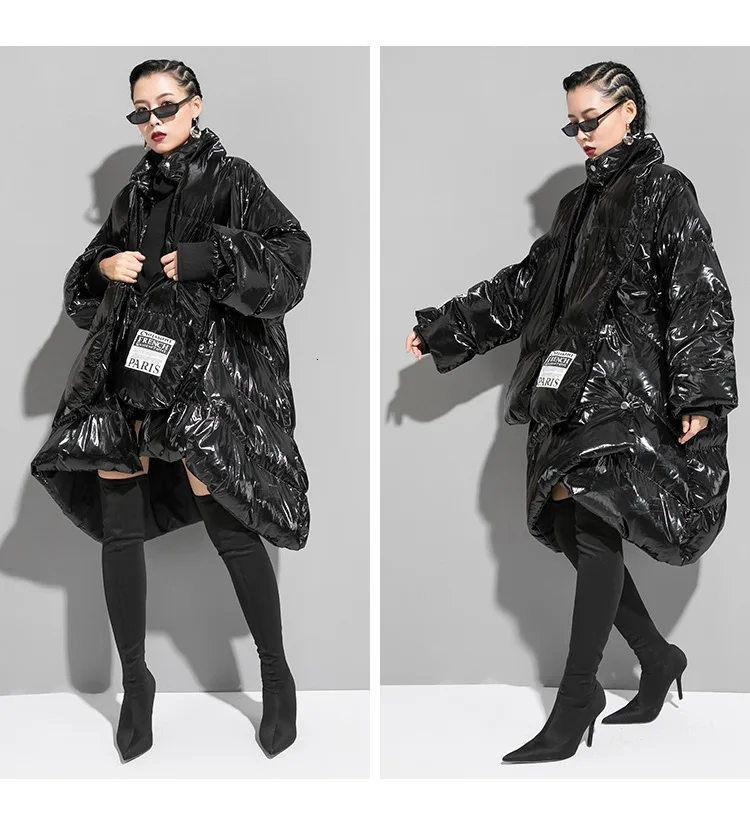 Vefadisa Scarf Collar Parka Woman Winter Thick Warm Parka Pockets Solid Irregular Parka Female Black Silver QYF1353