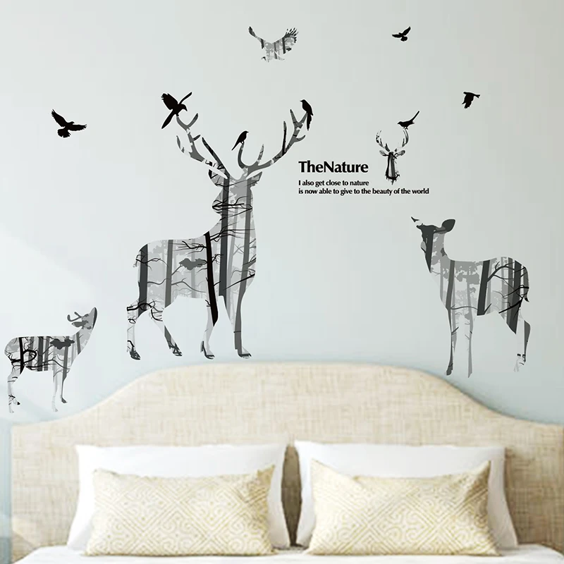 [SHIJUEHEZI] Forest Deer Birds Wall Stickers Vinyl DIY Chandelier Photo Frame Mural Art for Living Room Sofa Backdrop Decoration