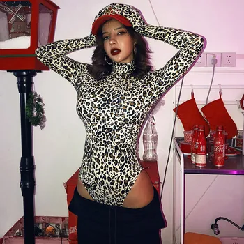 

2019 leopard long sleeve with gloves sexy bodysuit autumn winter women streetwear club party body