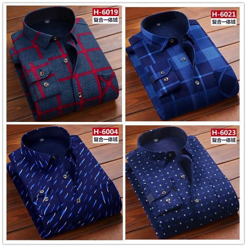 New Autumn Winter Men Fleece Shirt Fashion Plaid Thick Keep Warm Shirt Male Print Long Sleeve Business Big size L-6XL