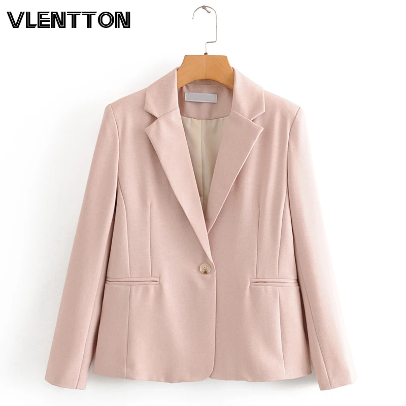 

Spring Autumn Women Pink Vintage Blazer Jacket Solid Pockets Suit Coat Female Outwear Elegant Office Wear Tops Blazer Mujer 2020