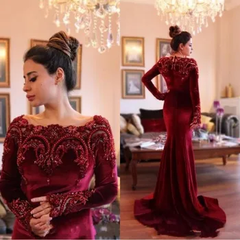 

Burgundy Muslim Evening Dresses Mermaid Long Sleeves Velvet Pearls Islamic Dubai Saudi Arabia Long Evening Gown Prom Dress