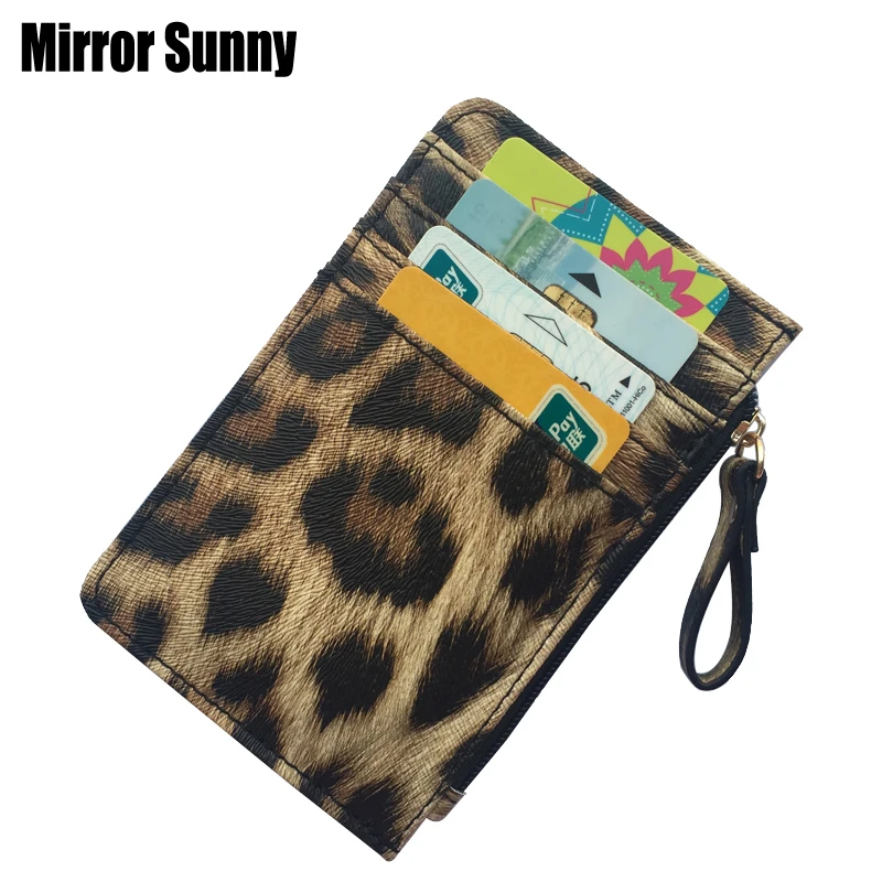 Monedero pequeño de cuero con estampado de leopardo para hombre y mujer, billetera delgada con cremallera, tarjetero de negocios, bonito regalo