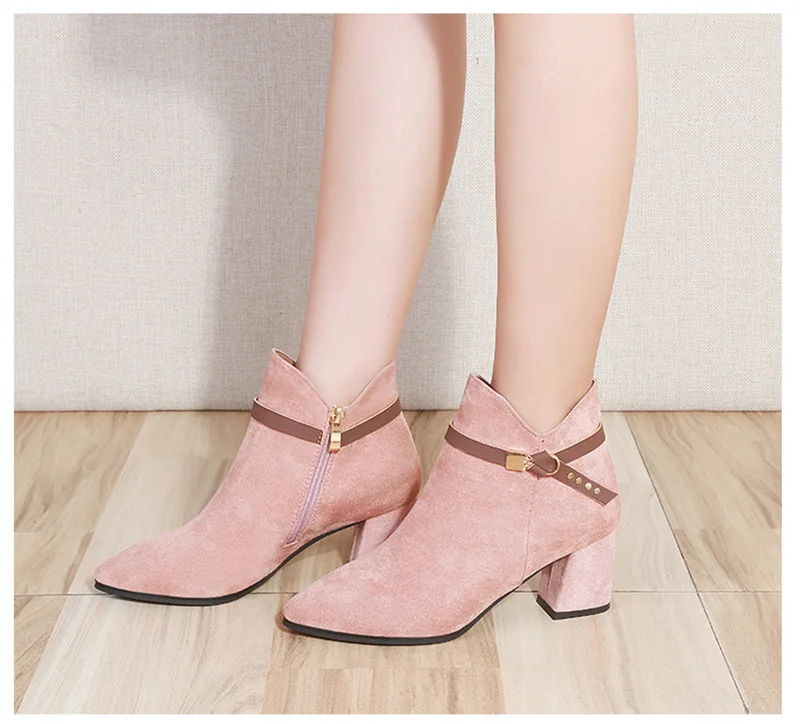 Г. Осенне-зимняя обувь женские ботинки на высоком каблуке теплая обувь женские ботильоны офисные женские ботинки на квадратном каблуке 6 см, черный, розовый, A1855