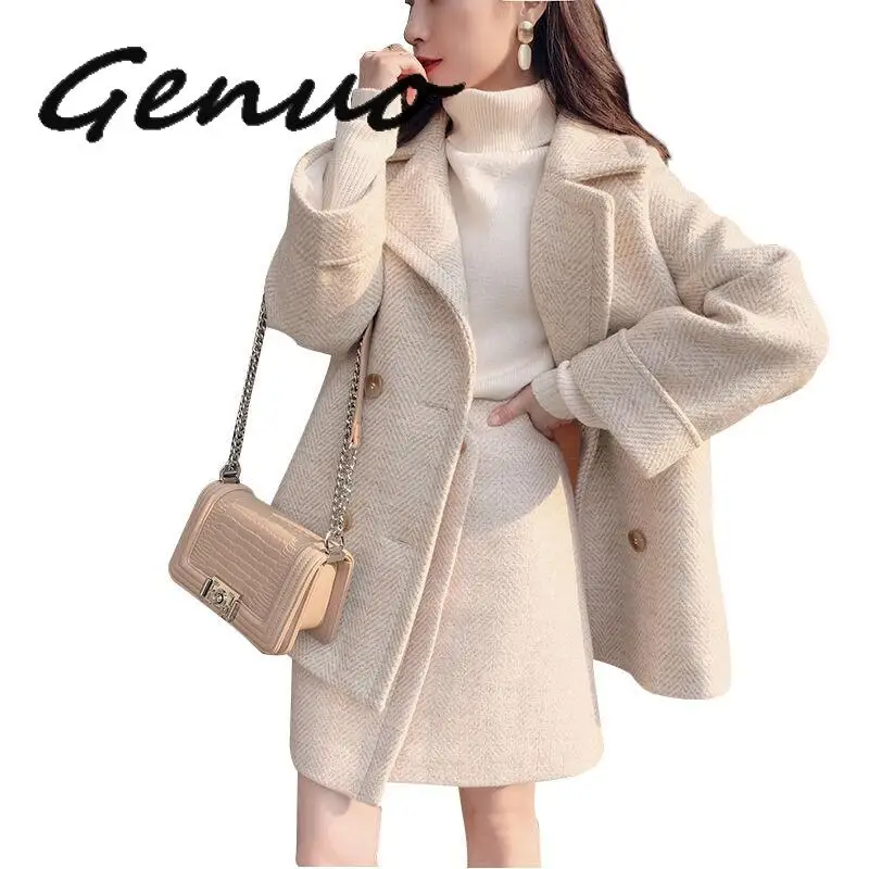 

Genuo Women Coat Women Thicken Jacket And Skirts Women Fashion Clothing Top And Skirts Korean Style Clothing Woolen Sets Waist