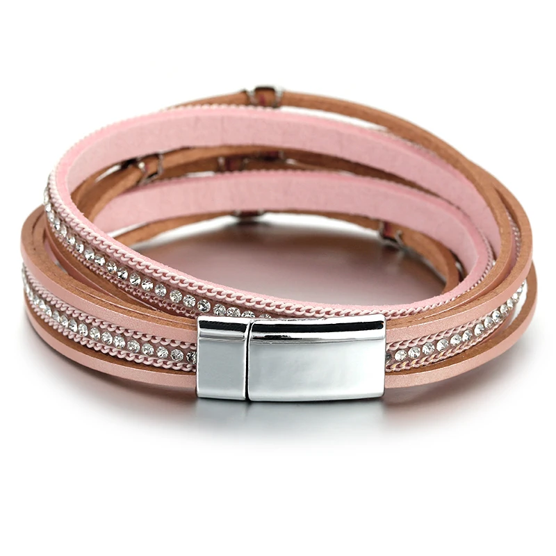Leather Bracelet Charm Bracelet ALLYES Leaf Charm Pink Leather Bracelets for Women Men Fashion Crystal Chain