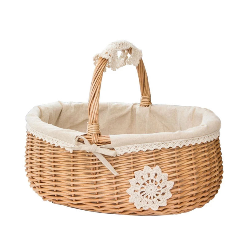 

Wicker Basket Rattan Storage Basket Box Picnic Basket Fruit Flower Baskets With Lid And Handle And White Liner For Camping #Co