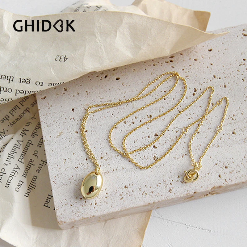

GHIDBK 925 Sterling Silver Oval Pendant Necklaces Women Minimalist Geometrical Choker Nice Simple Daily Statement Solid Necklace