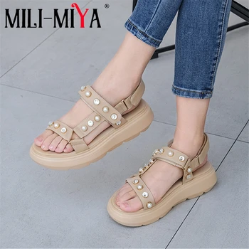 

MILI-MIYA New Design Women Cow Leather Sandals Solid Color Hook&Loop Crystal Ankle Wrap Flat Heels Casual Summer Shoe Size 34-40