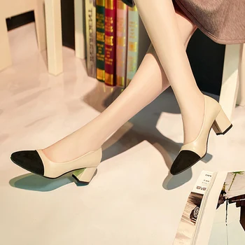 

Size 35-39 Pumps Spring Autumn Slip-On Hand-Made 6CM High Hoof Heels Square Toe Shallow Women Shoes Office Wedding Ladies Pumps