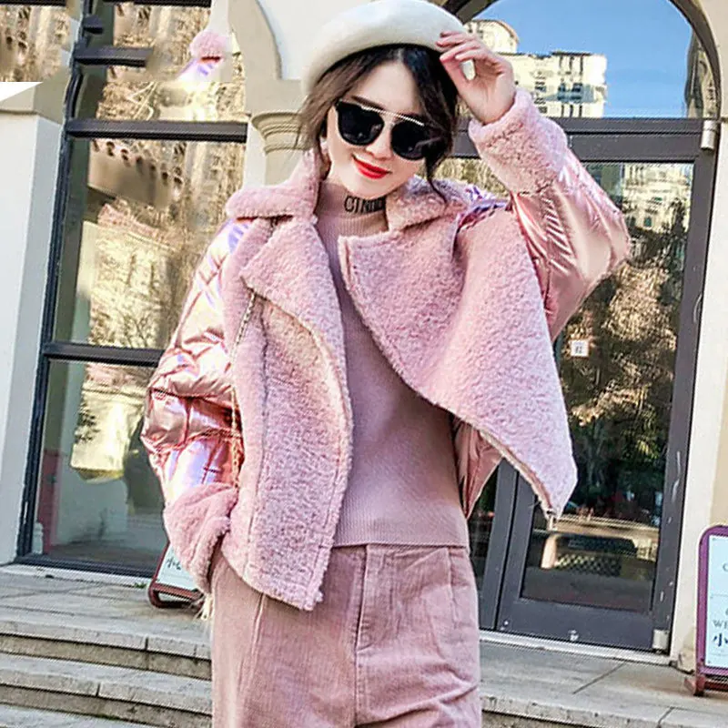 

Silver Shiny Faux Wool Fur Patchwork Parka Female Quilted Coat Woman Winter Jacket 2019 Korean Slim Warm Short Outwear 886