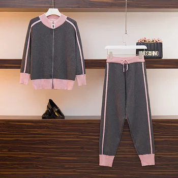 

New autumn winter Tracksuit Women Patchwork Turtleneck Zipper Knitted Cardigans+Pants 2PCS Sets Long Sleeve Knitting Top Trouser