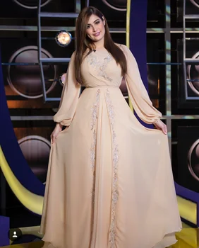 

Light Champagne Appliques Evening Dress Aline Dubai Muslim Arabic Saudi Arabian Vestidos De Festa Prom Custom
