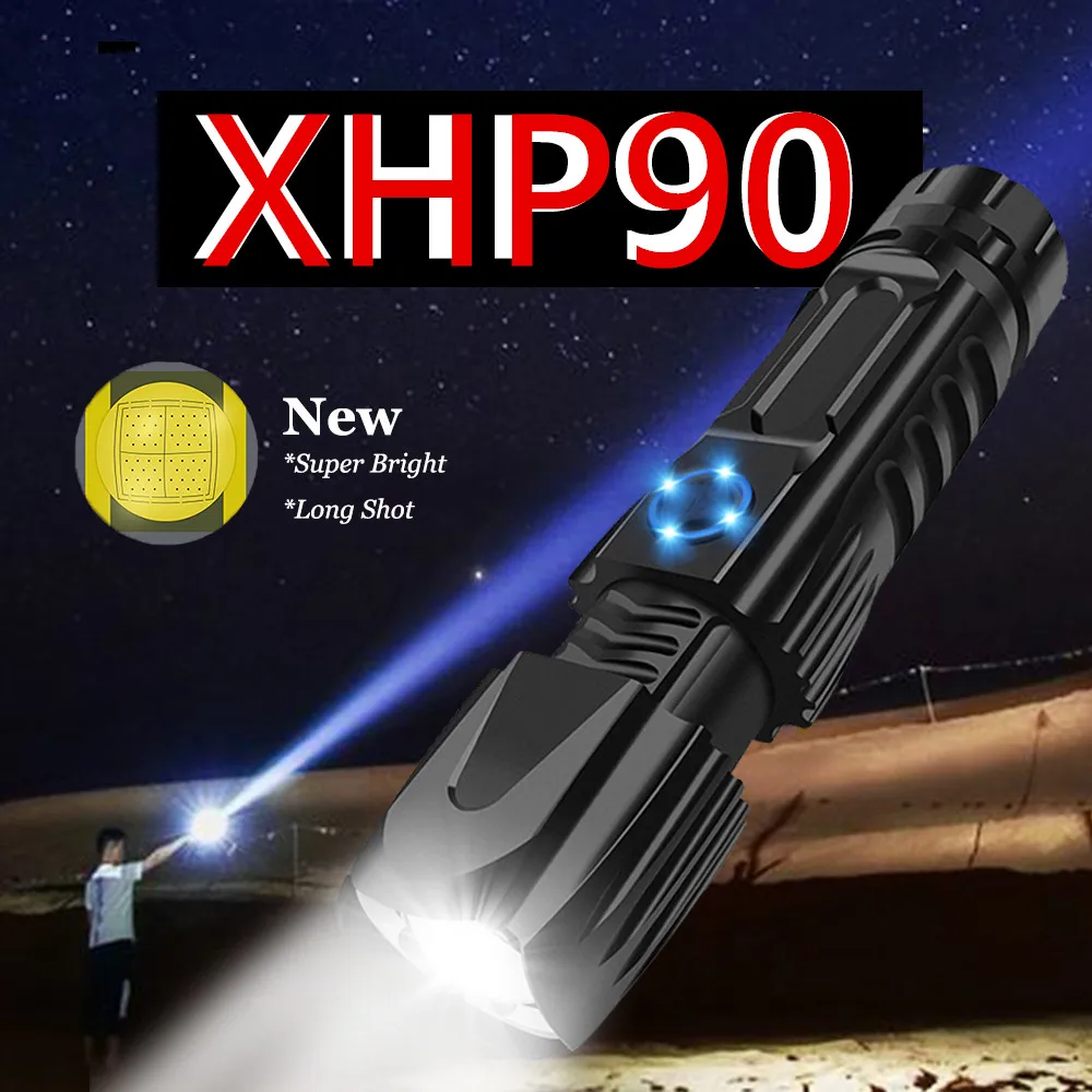 powerful flashlight zoomable XHP90 LED Flashlight USB Rechargeable