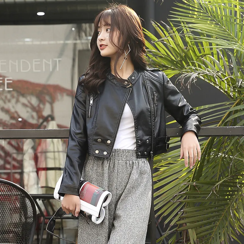

New Spring Autumn Women PU Leather Jacket Slim Zipper Faux Leather Coat Female Long Sleeve Short Motorcycle Outerwear Tops A1610