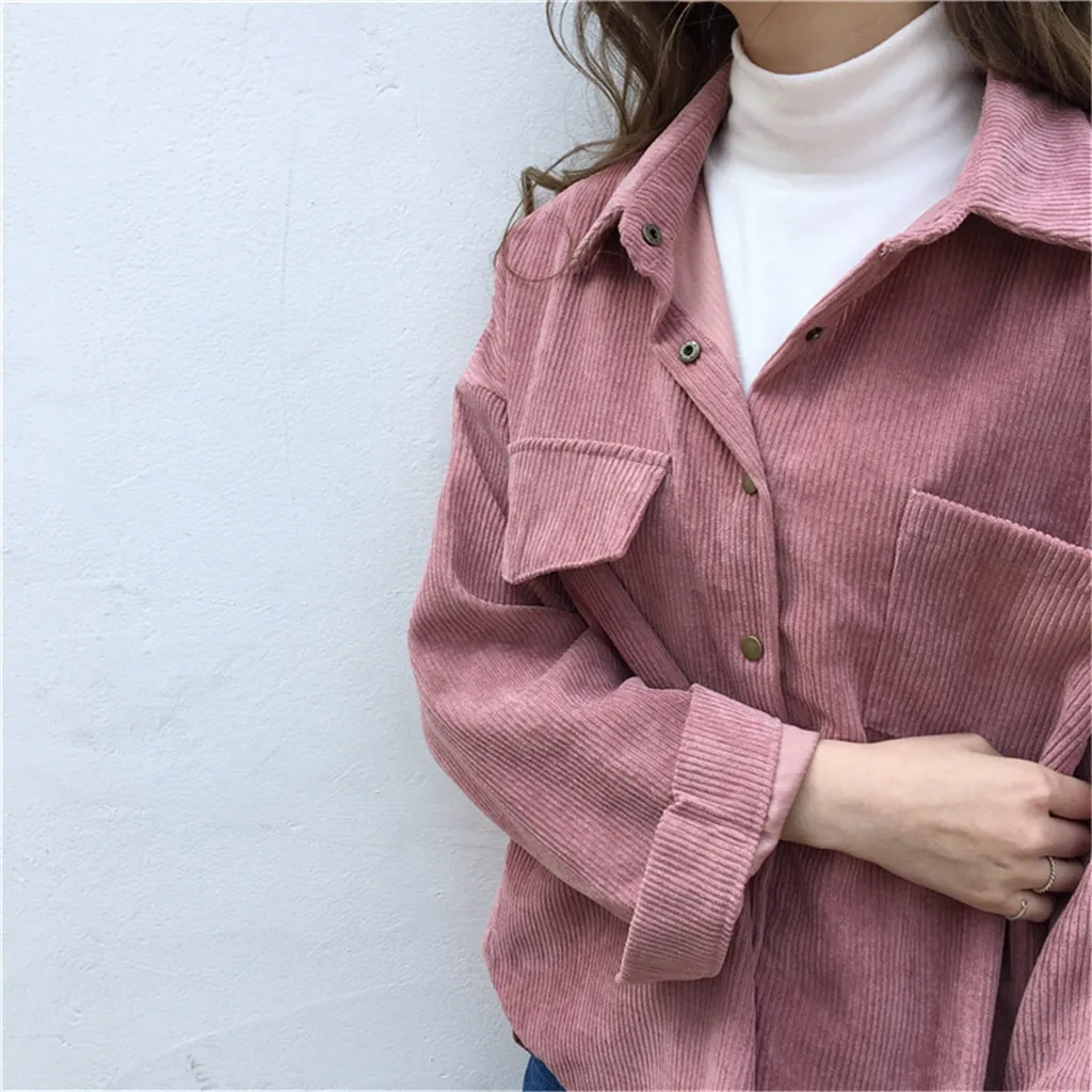 Вельветовая рубашка, пальто, женская мода, длинный рукав, опрятный, широкая талия, отложной воротник, укороченная куртка, для женщин, Harajuku, с карманами, куртка# J30