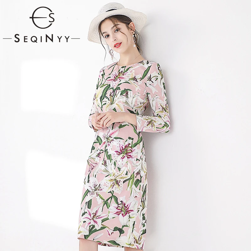 

SEQINYY Luxury Dress 2020 Summer Spring New Fashion Design 3/4 Sleeve Beading Crystal High Quality Romantic Lily Flowers Dress