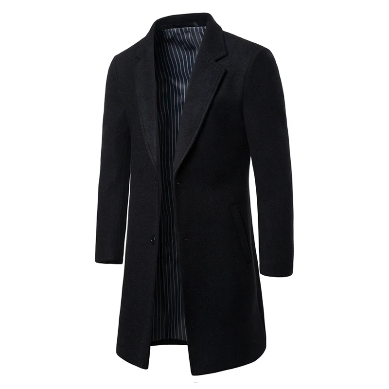 Мужское шерстяное модное однотонное Мужское пальто черного цвета хаки, осенне-зимнее повседневное шерстяное длинное Мужское пальто размера плюс 6XL - Цвет: Black