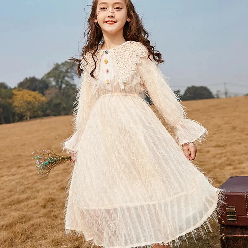 

Princess Girls Dress Spring Flared Long Sleeves Dresses for Kids Girls Casual Feather A-line Dresses for Children Girls Clothes