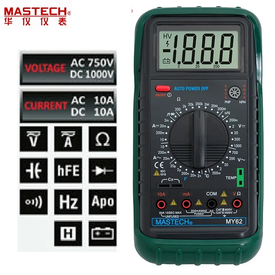 MASTECH MY62 Ручной цифровой мультиметр DMM с термоемкостью и тестовыми измерителями