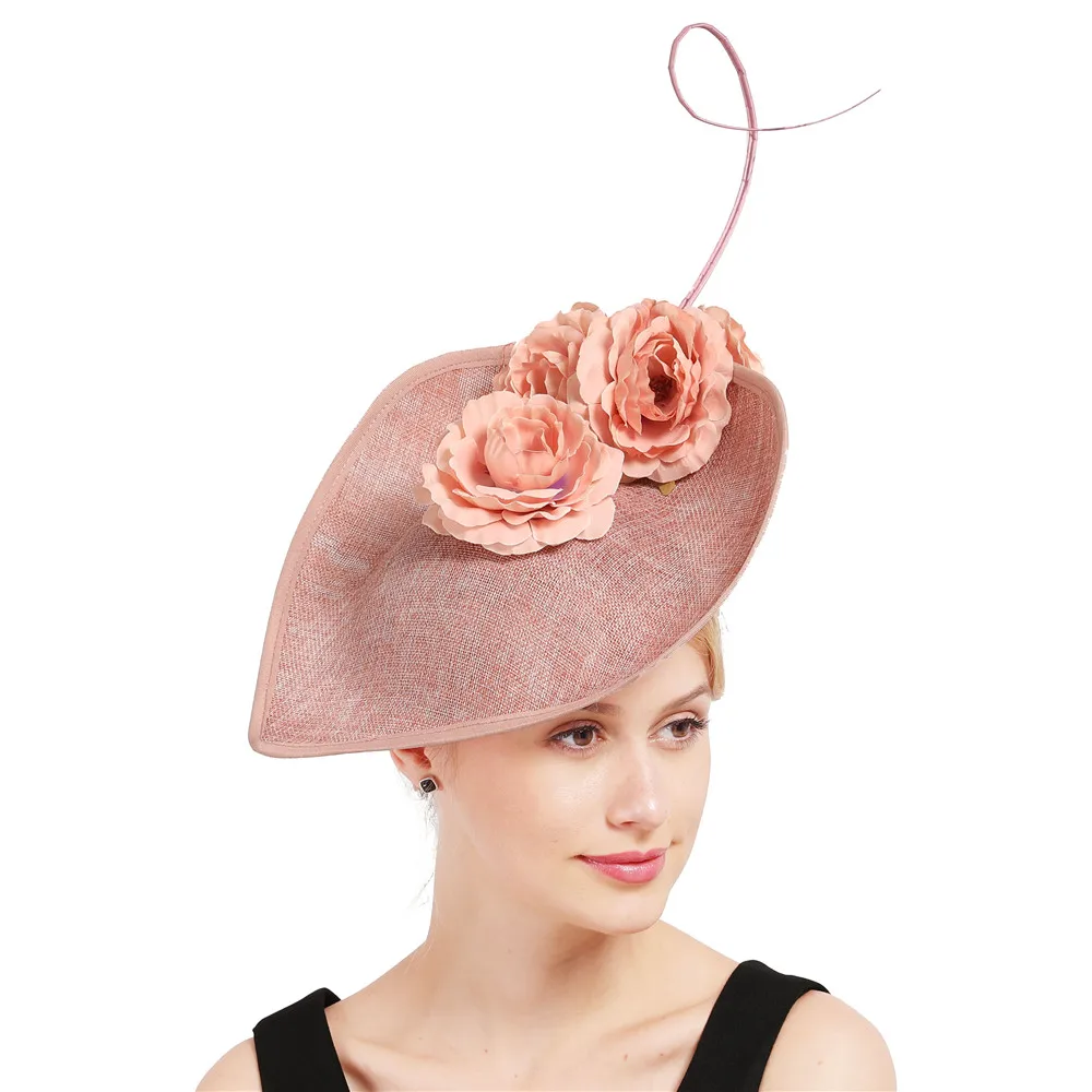 Ladies Bridal Derby Peach Fascinator Hats With Feather Flower Imitation Sinamay Hat Women Wedding Hair Accessories XMF286