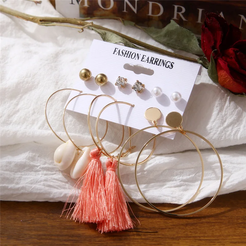 Fashion Shell Tassel Earrings For Women Bohemia Leopard Acrylic Earrings Big Geometric Star Heart Pearl Earrings Set DIY Jewelry - Окраска металла: A 3