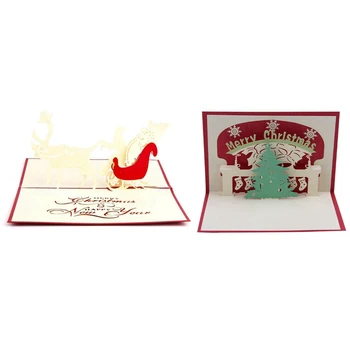 

2 Pcs Handmade Blank 3D -Up Greeting Card Post Cards Red Cover, Christmas Deer Car & Christmas Tree