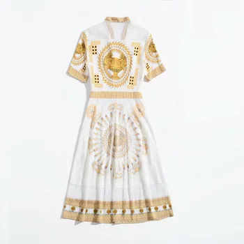 

French style retro printing bow neck show slim fit splicing mesh dress 2020 spring and summer women's new